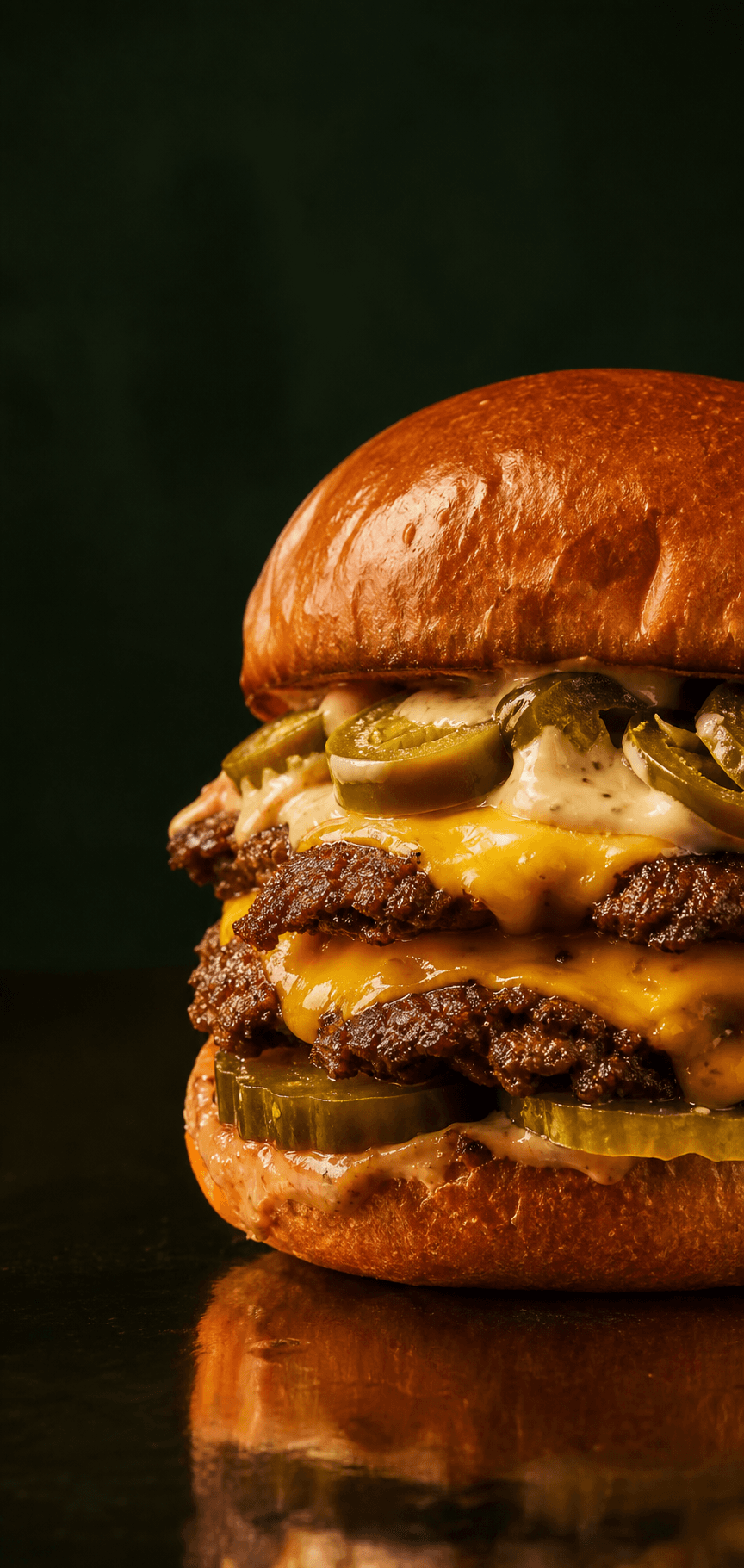 Premium double smash burger with melted cheese, jalapenos and pickles
